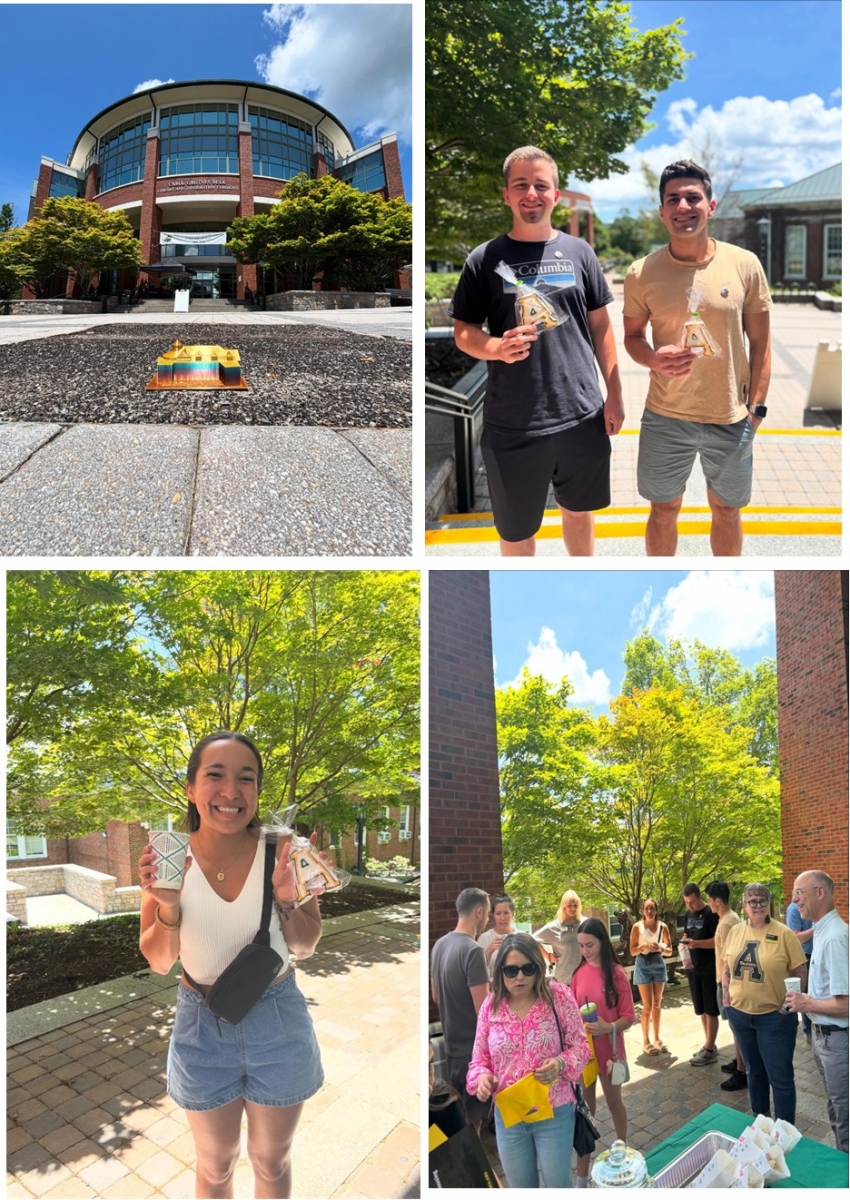 Photo of Belk Library with a 3d rendering, two male students with block A cookies, a Female student with a block A cookie, a group of people enjoying the refreshments and activities of the 20 year celebration