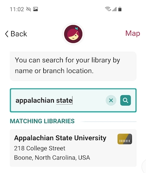 Screenshot from the Libby app showing how to search for your library