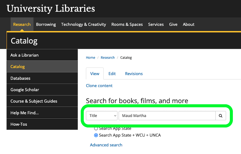 Screenshot of the catalog search showing dropdown for Title/Author/Keyword