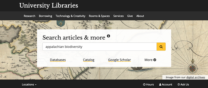 Screenshot of library homepage showing main search box at top of screen