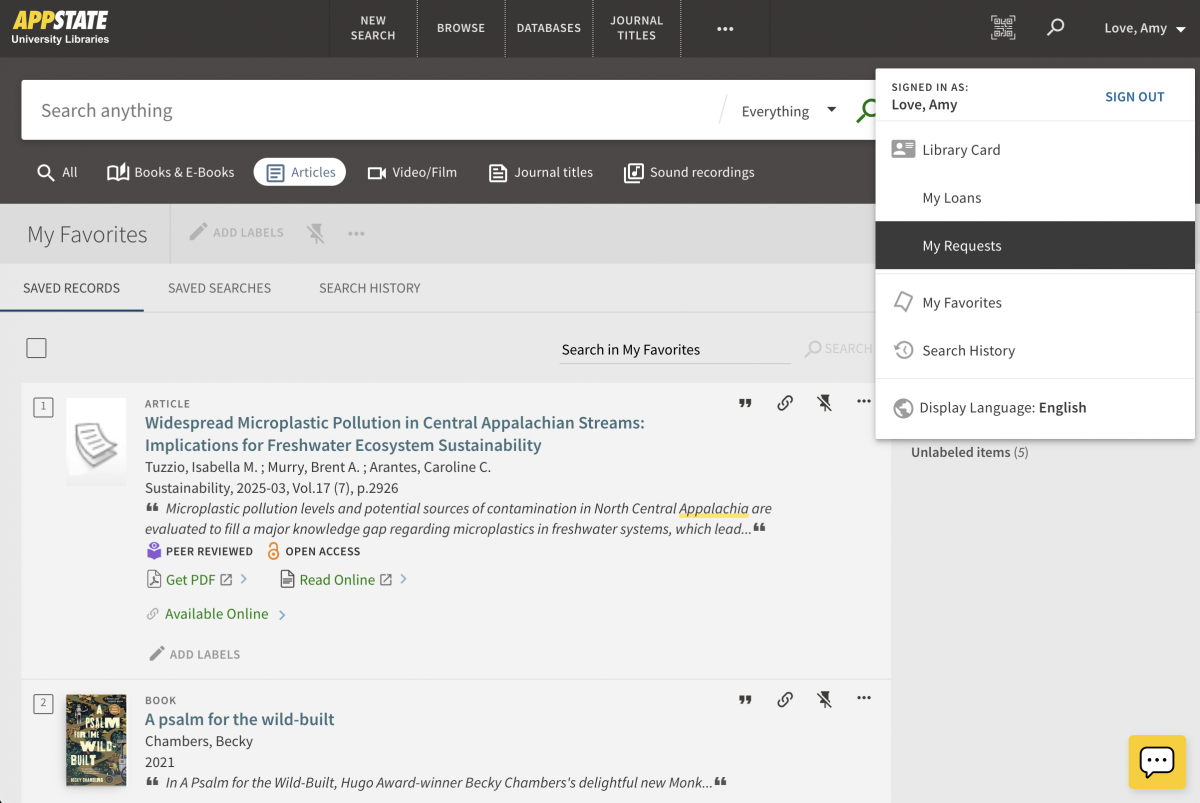 My Account page in Library Search