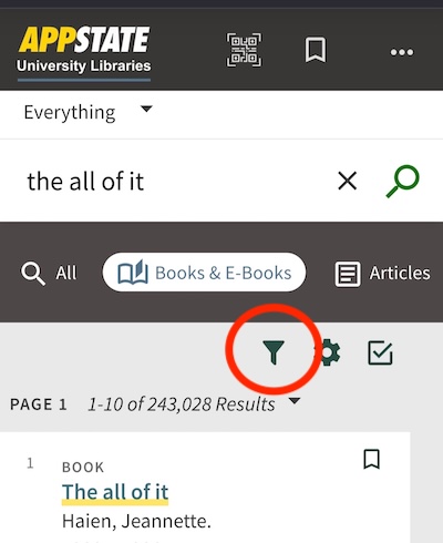 When using Library Search on a phone, choose the Filters button after the search bar and before the search results to see the filter options.