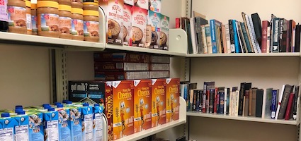 food pantry shelves - free food and books!