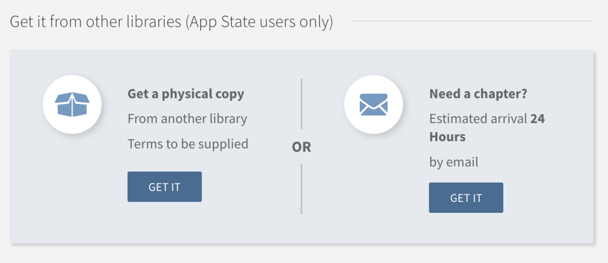 On item records in Library Search, the Get it from Other Libraries section will show options for requesting physical and/or digital copies of the item (only for App State users)