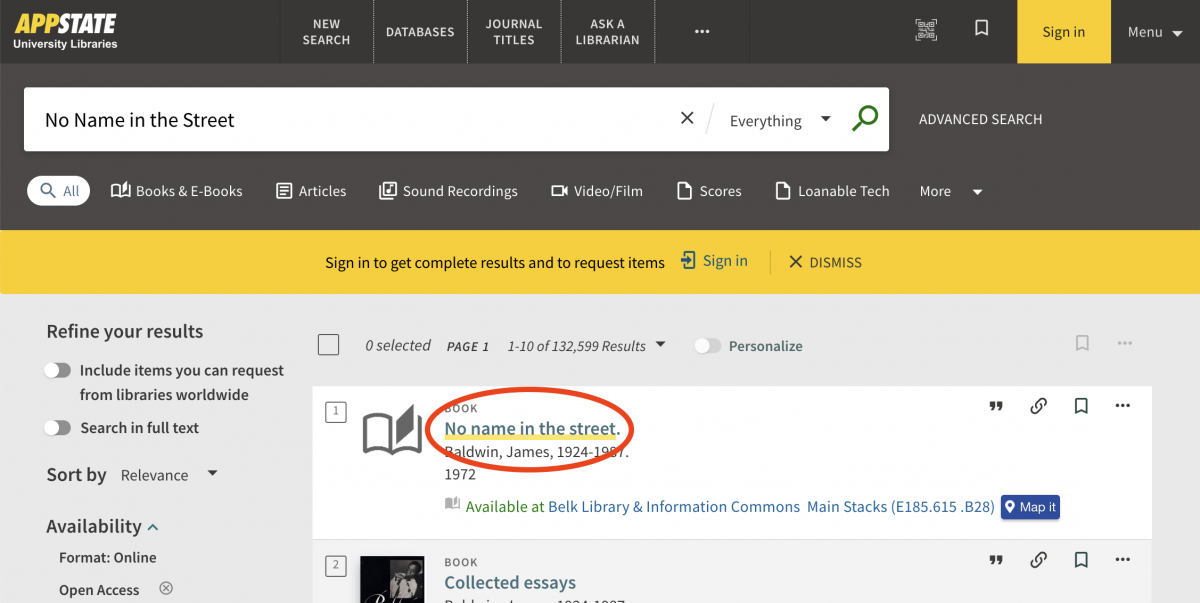 Select the item title to open the full record and see request options