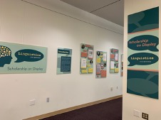 wall of posters from Swem Library's Scholarship on Display: Linguistics project