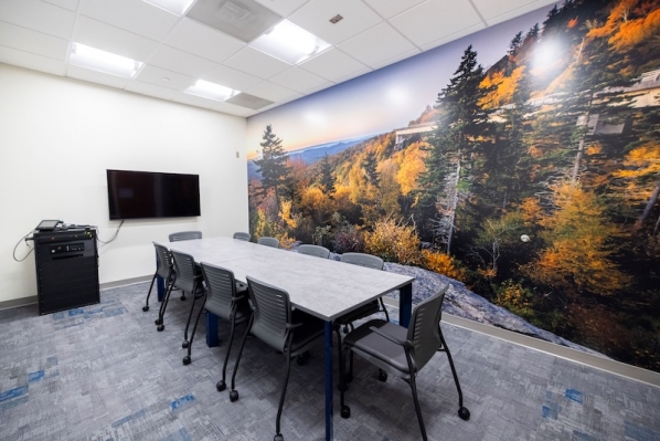 Study Room 218 includes a wall mural of a local landscape and new furniture