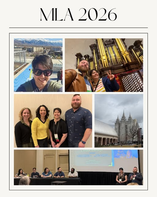 A collage of photos of Eller, Shaw, Watson and Wells attending the MLA Conference
