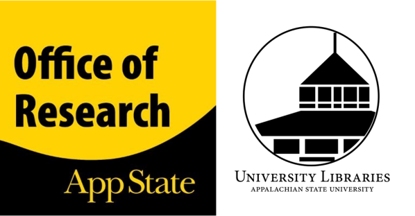 Icon for the Office of Research, black and gold with lettering, University Libraries logo, coupula drawing 