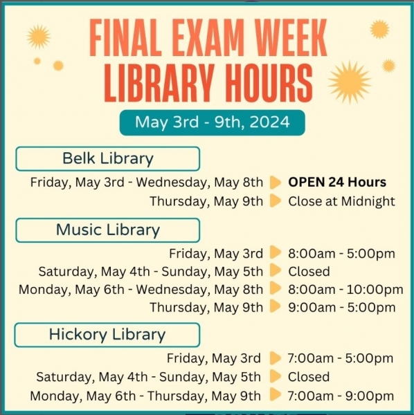Library hours for final exam week, May 3-9, 2024 are posted on the library's Hours page