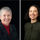 Margaret Gregor on a black background in a red shirt and black jacket, grey hair, dark eyes Veronica Wells on a black background with in a dark green blouse, dark hair and eyes