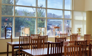 Student sculptures displayed on the window ledge in the Special Collections Research Center