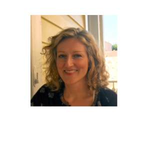 Ashlea Green with black shirt, blonde curly hair