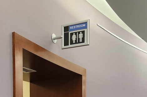 Restroom sign in fourth floor atrium