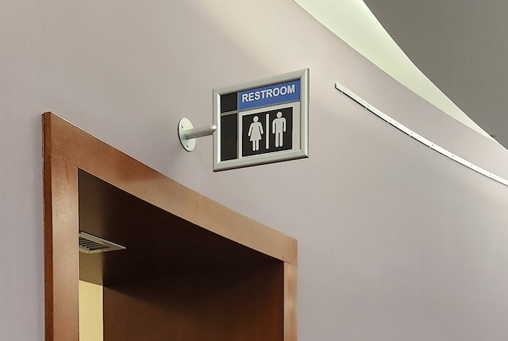 Restroom sign in fourth floor atrium