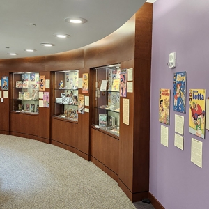 Photograph of the exhibit space on 4th Floor Belk Library exhibiting a comic book collection featuring female comics