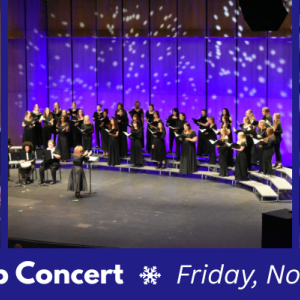 Students dressed up in holiday shirts with christmas lights and reindeer ears, a the App State Women's Chorus and a female Harp player with red hair and a green dress