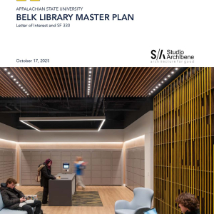 Report cover for Studio Archibene, graphic features 2 male students in winter clothing using a laptop and a cell phone in a room with lockers, a female student with red hair 