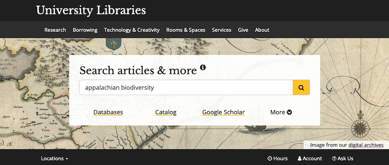 Screenshot of library homepage showing main search box labeled "Search articles & more"