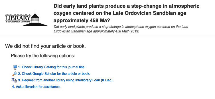 "We did not find your article or book" is followed by four linked options for getting the item