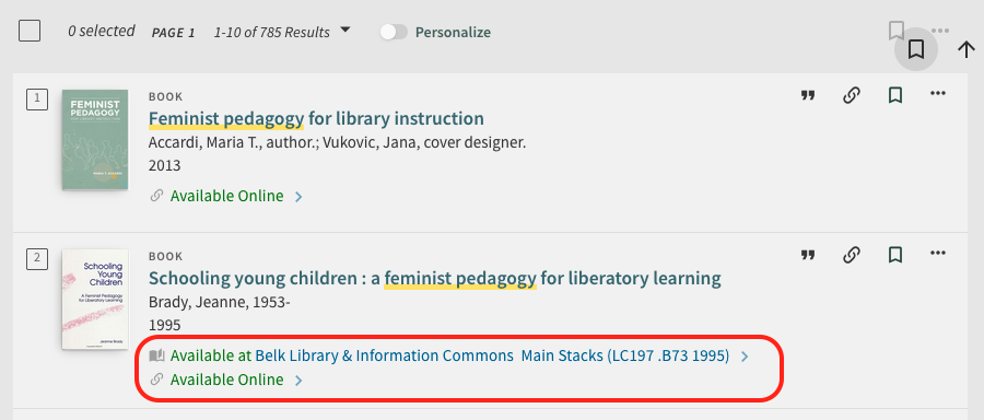 screenshot highlighting the Available Online link under a book.