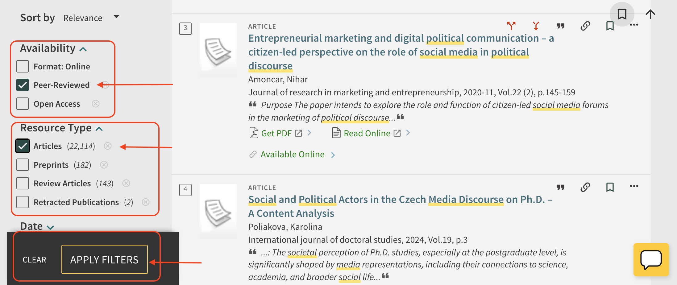screenshot of filter options.