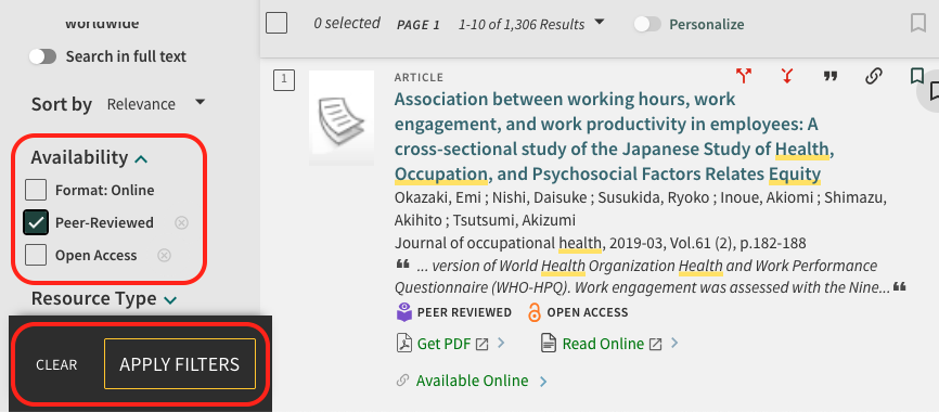 screenshot highlighting the Library Search filter options.