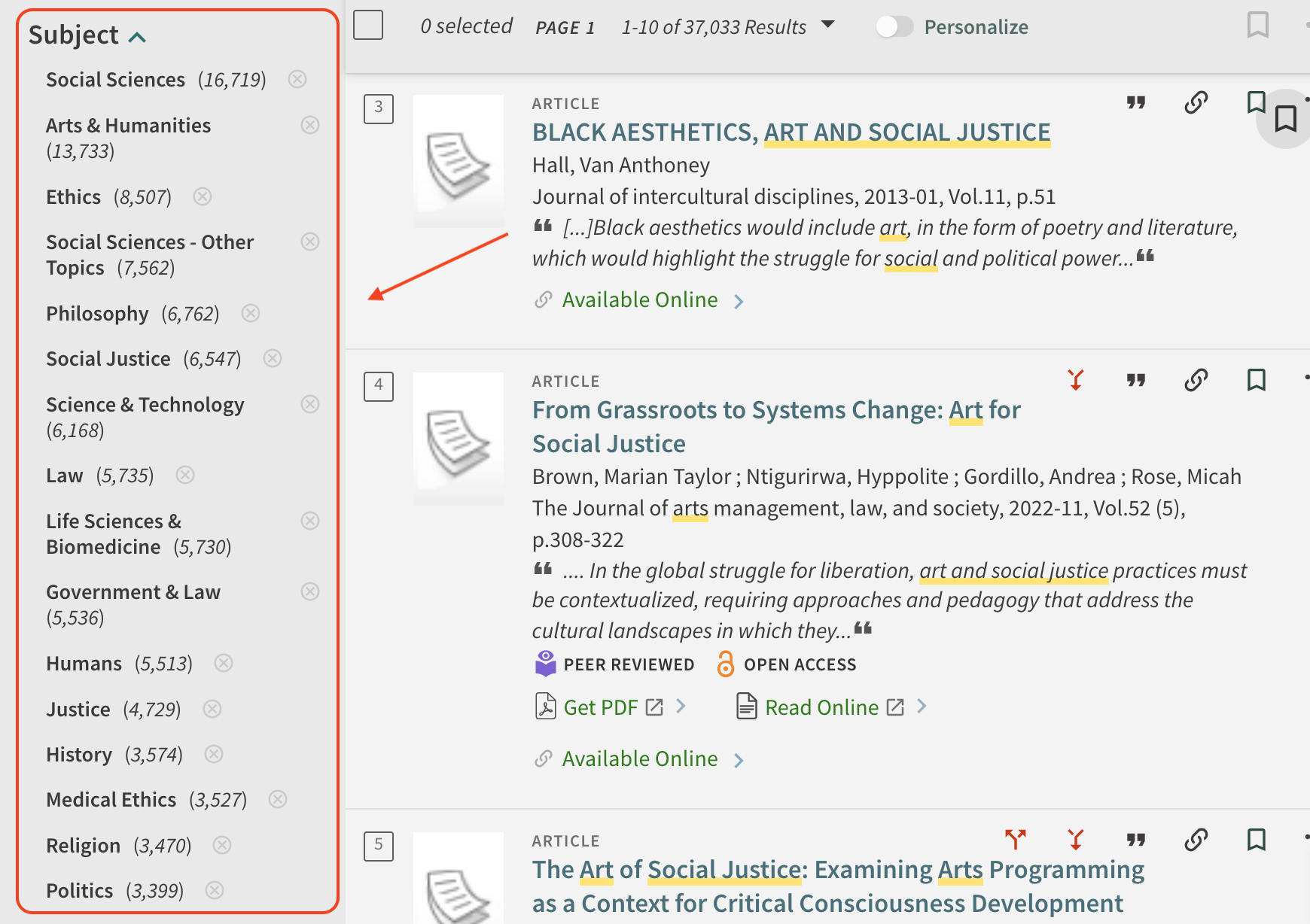 screenshot of filter options.
