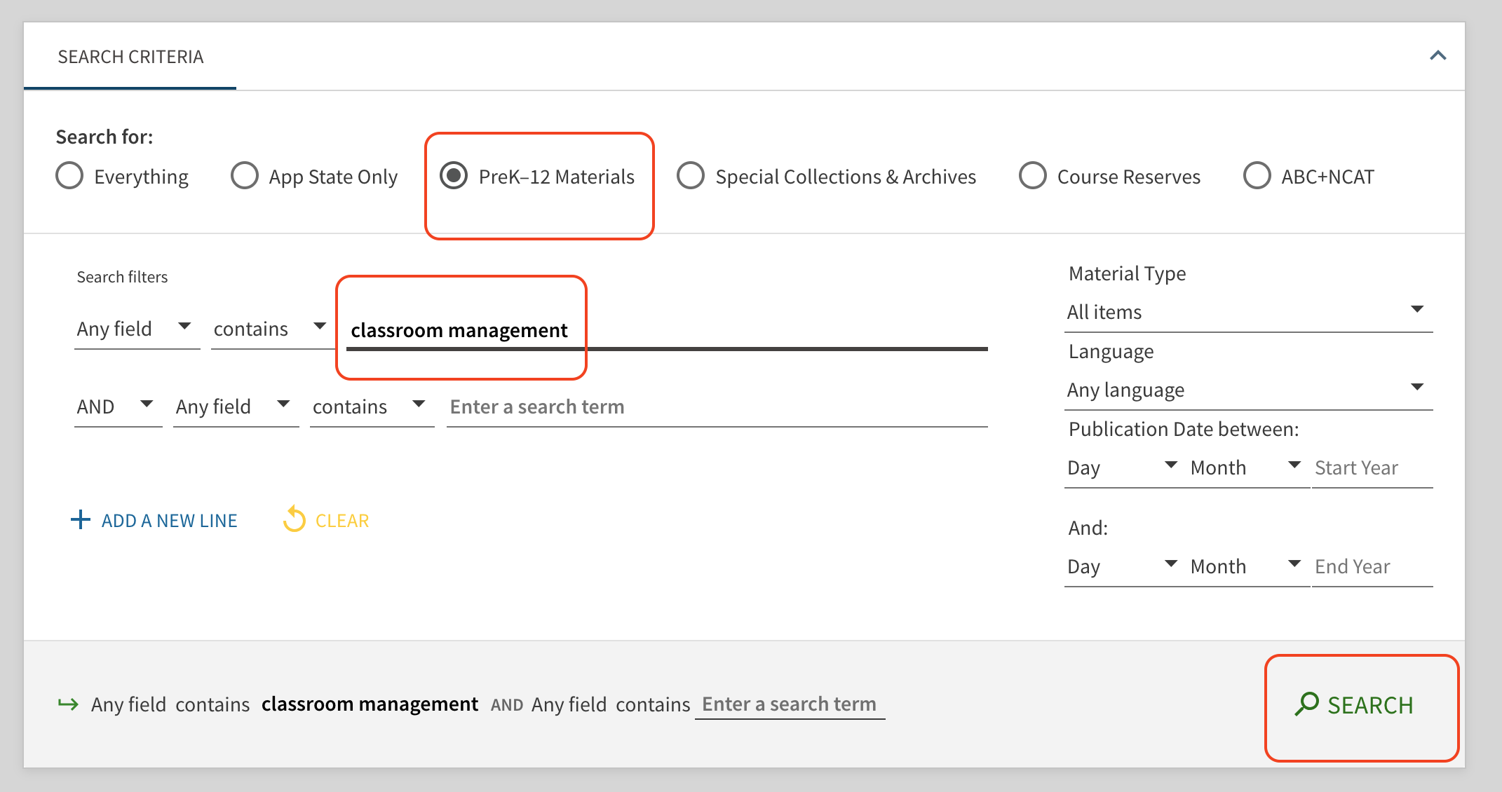 Screenshot of the Advanced Search screen