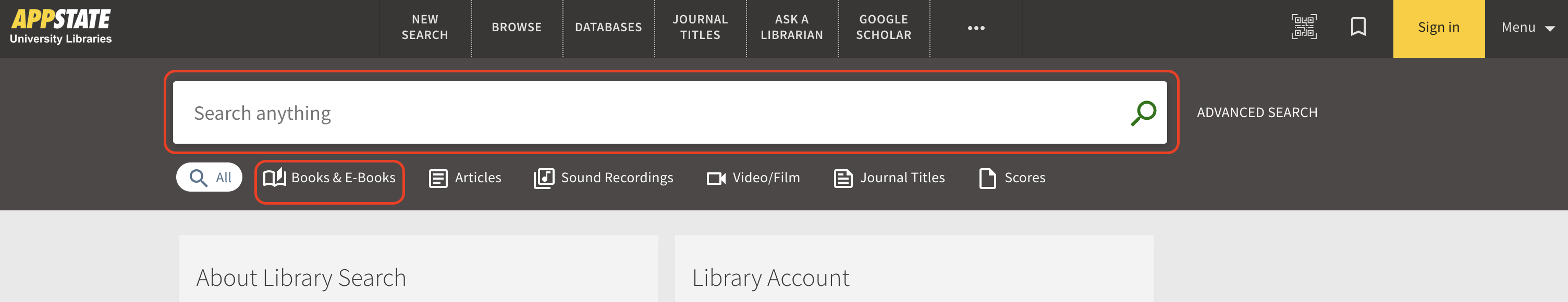 Screenshot of the search anything search bar and the Books & eBooks link
