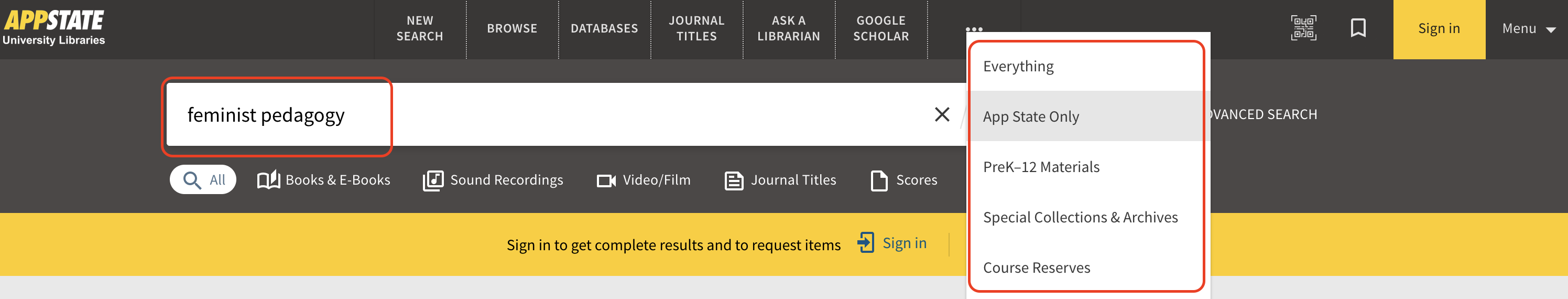 Screenshot highlighting the University Libraries' Search anything box and drop down menu
