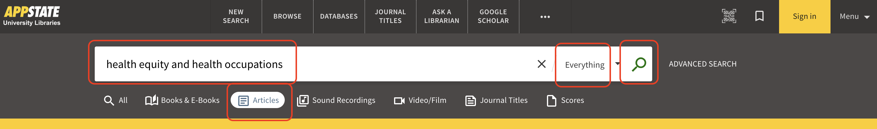 screenshot highlighting the LIbrary Search search box, search everything default, and articles button.