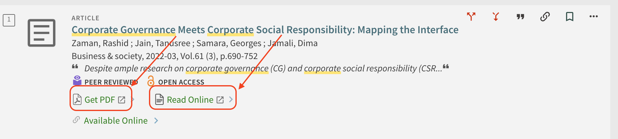 screenshot of an article on a results list, highlighting the Get PDF and Read Online options