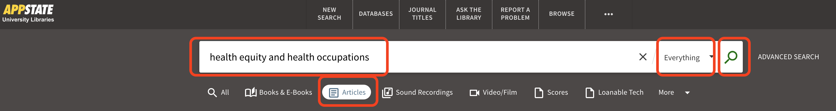 screenshot highlighting the LIbrary Search search box, search everything default, and articles button.
