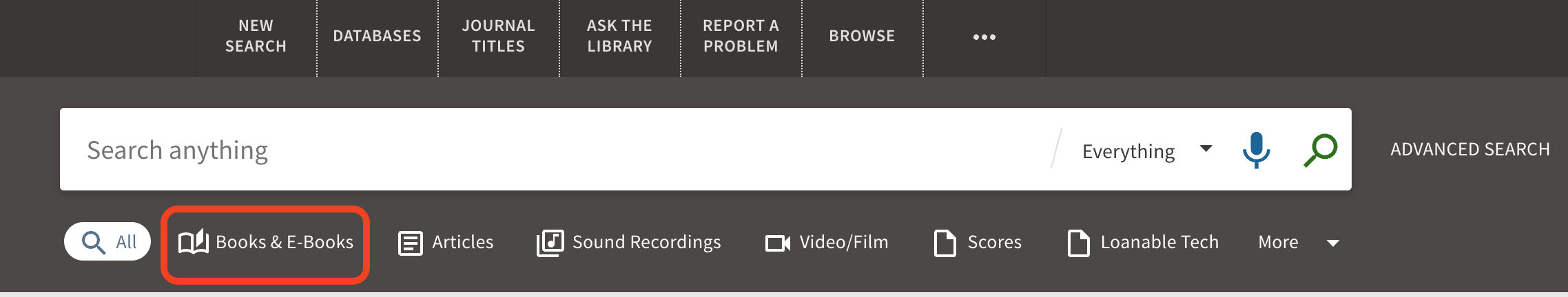 Screenshot of the search anything search bar and the Books & eBooks link