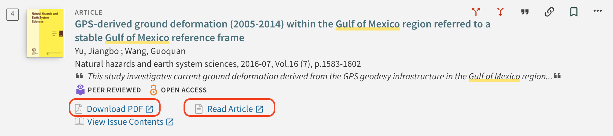 screenshot of an article on a results list, highlighting the Download PDF and Read Article options