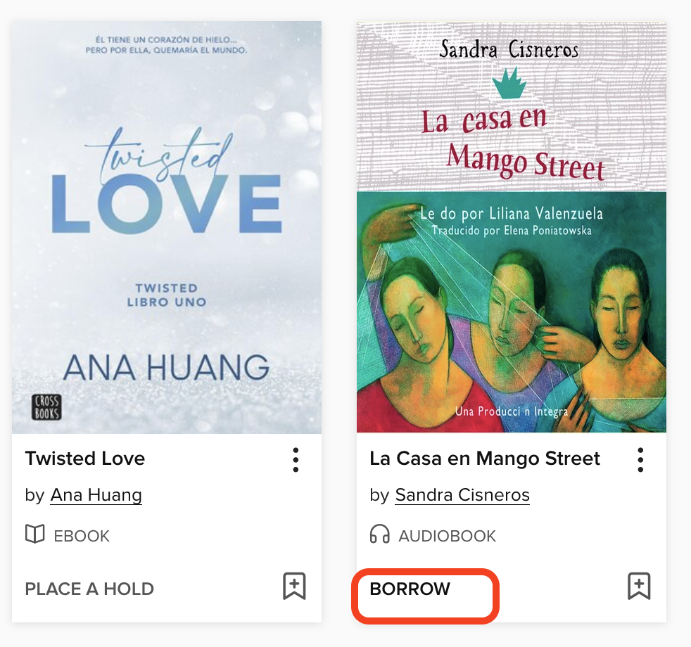 search results, with borrow button highlighted