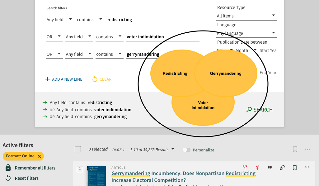 Example Library Search search: Redistricting OR Gerrymandering OR Voter Intimidation