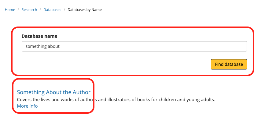 screenshot of a search for database by name: something about the author