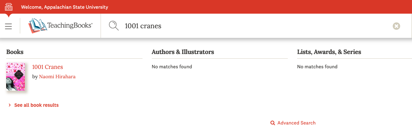 screenshot of teachingbooks.net search for 1000 cranes