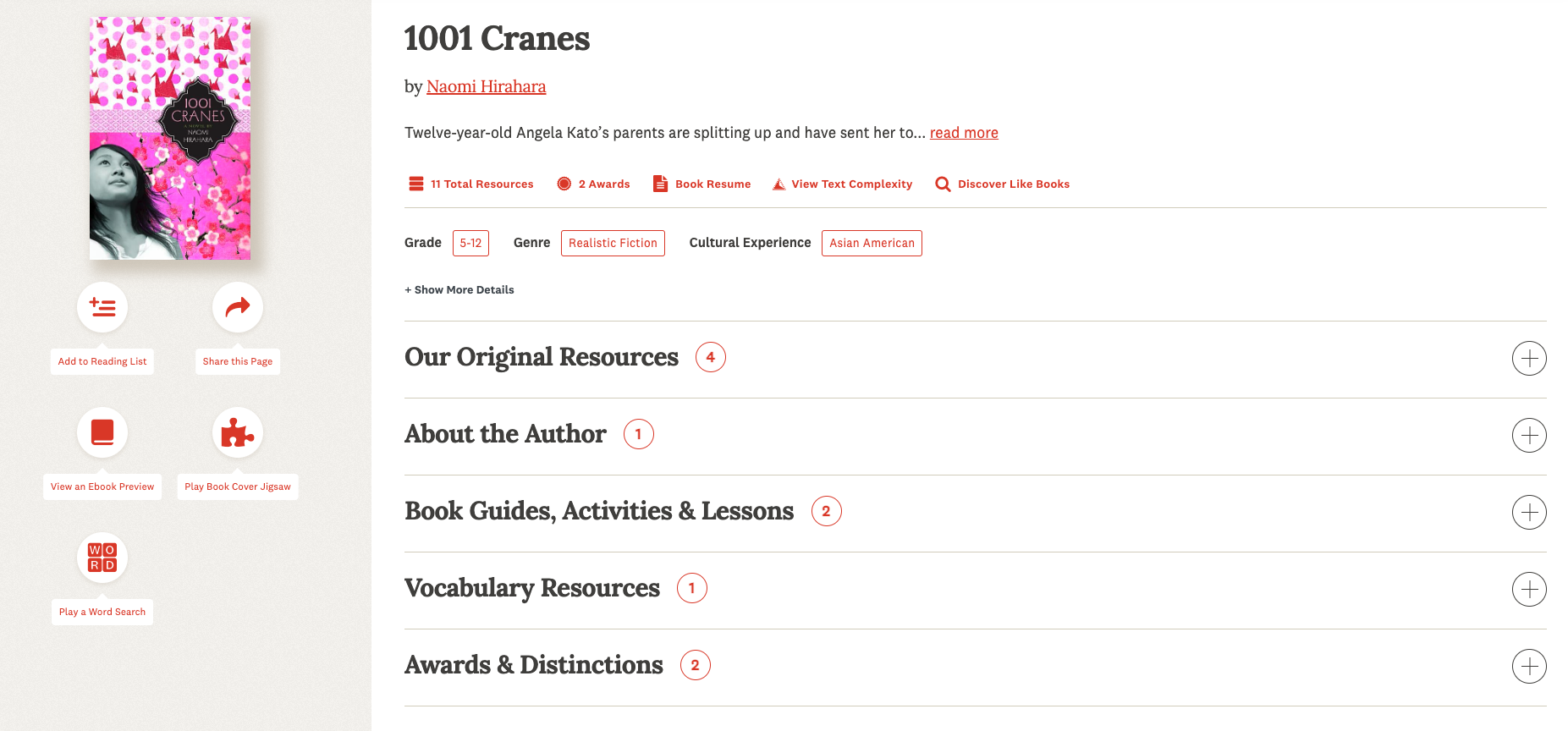 screenshot of 1001 cranes teachingbooks.net results