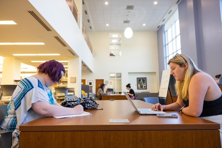Students studying at a large table in Borkowski Reading Lounge, which has high ceilings and floor-to-ceiling windows.