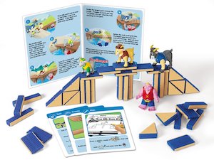 Bridge building educational kit with blocks, cards, and booklet