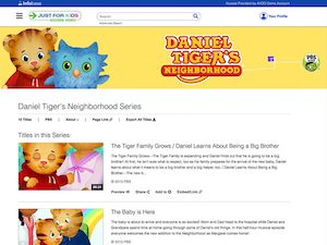 Screenshot of Daniel Tiger videos from Just4Kids streaming collection