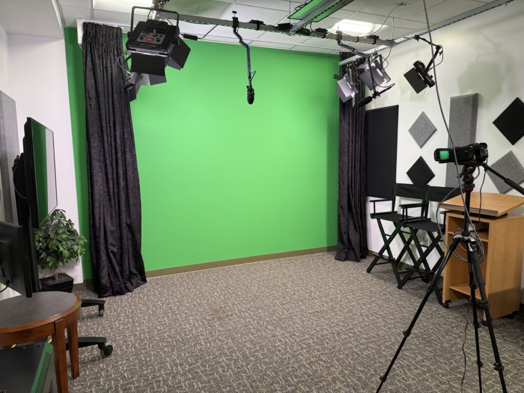 Large green screen backdrop in Recording Studio