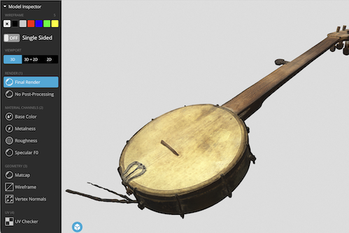 3d scan of a banjo shown in rendering software