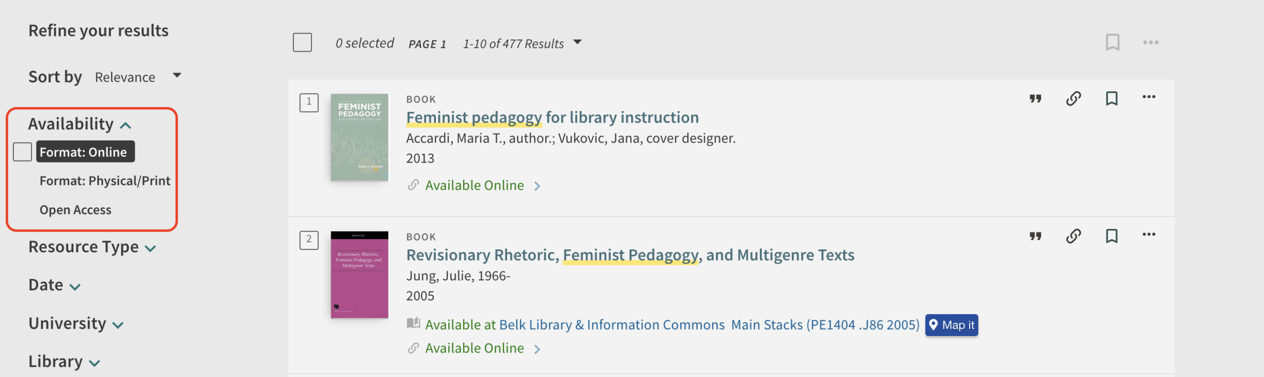 howtos_findbook4 Filter options under Refine Your Results allow you to restrict your search to print, online, or open access books only