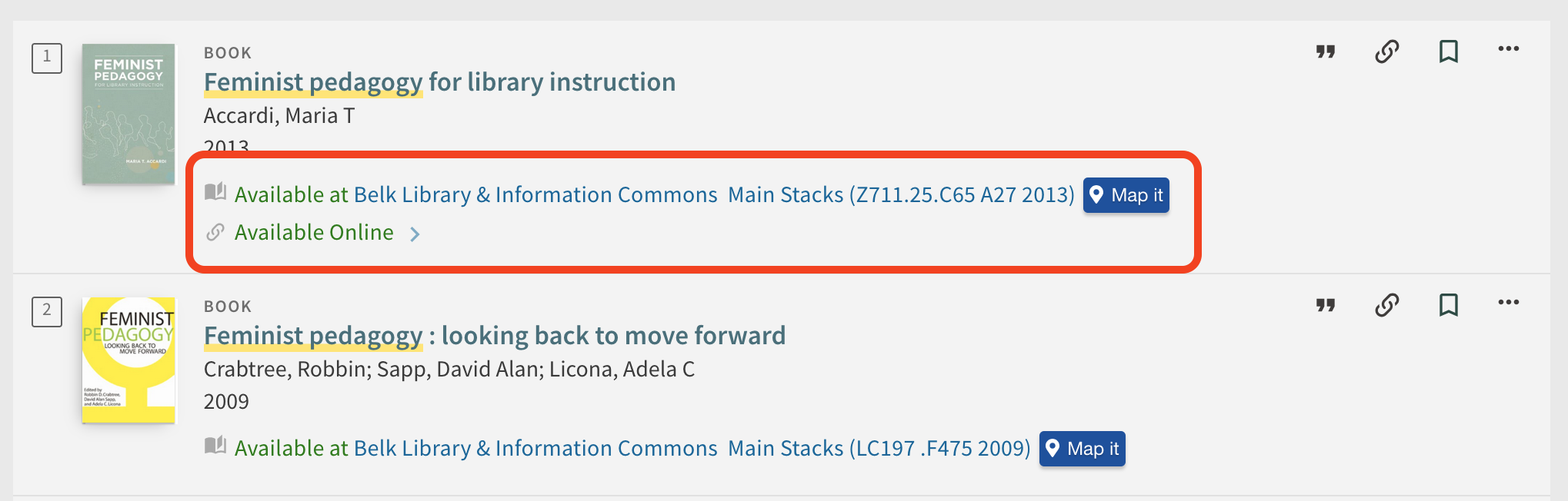 howtos_findbook5 Item locations and call numbers appear beneath each item in the search results
