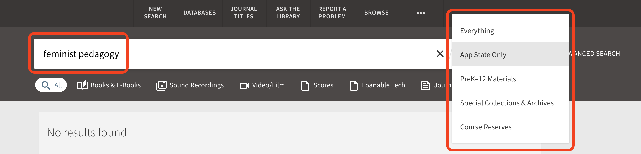 howtos_findbook_3 Options for narrowing your search to a specific area like App State Only or PreK-12 Materials appear to the right of the search box