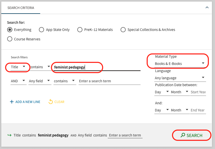 howtos_findbook_6 In the Advanced Search interface, Books & Ebooks appears in the Material Type drop-down and other filters like Title and Author appear in drop-downs before the Keywords box